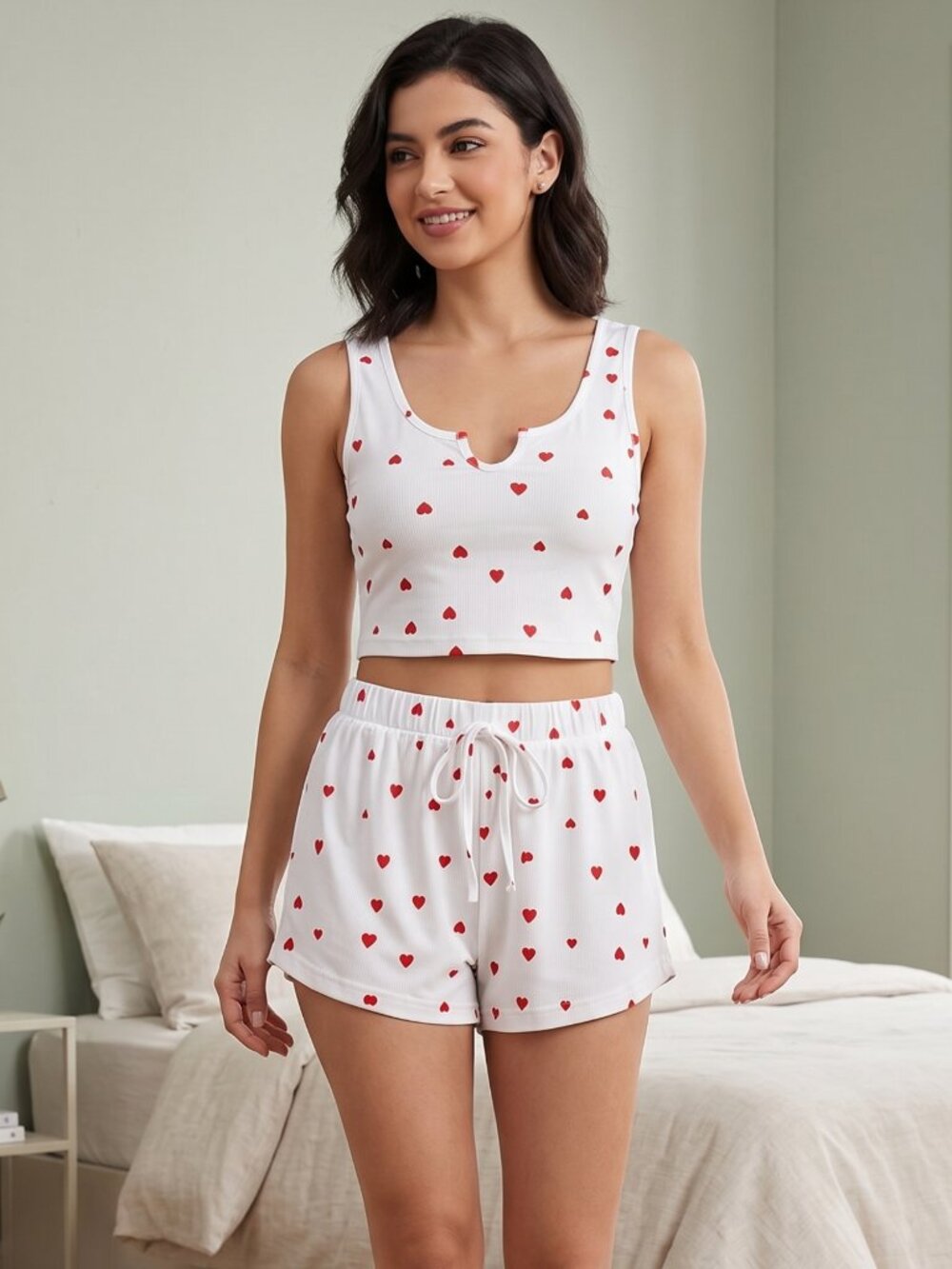 NWT | AVANOVA Red Heart Print 2-Piece Crop Top & Shorts Pajama Set Lounge | XS
